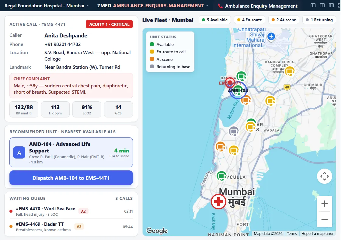 zMed ambulance dispatch board with live unit tracking on the map