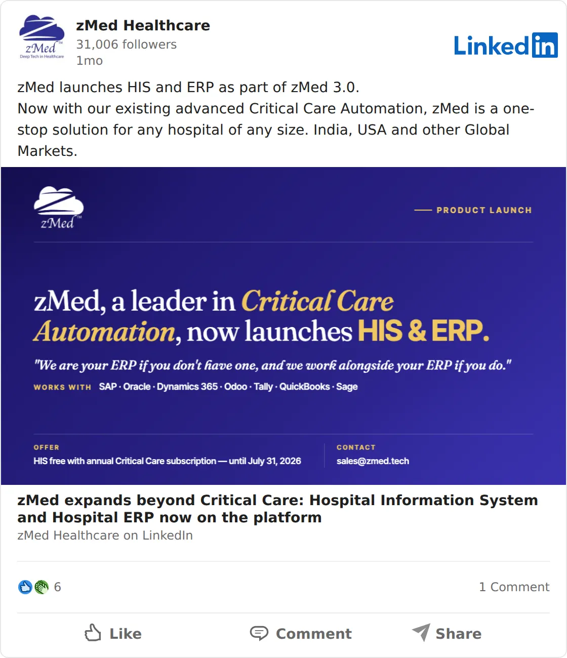 LinkedIn post: zMed launches HIS and ERP as part of the platform