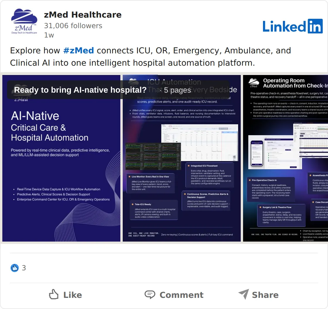 LinkedIn post: zMed connects ICU, OR, ER and ambulance on one platform