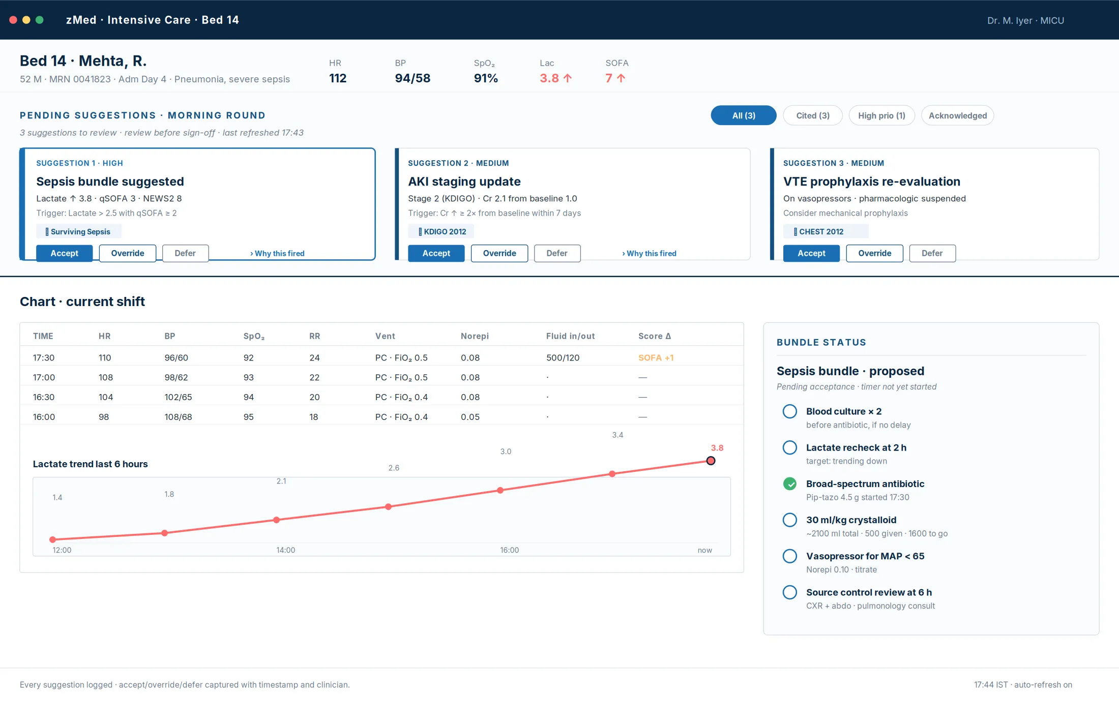 zMed clinical decision support lane with pending suggestions surfaced inline at the point of decision