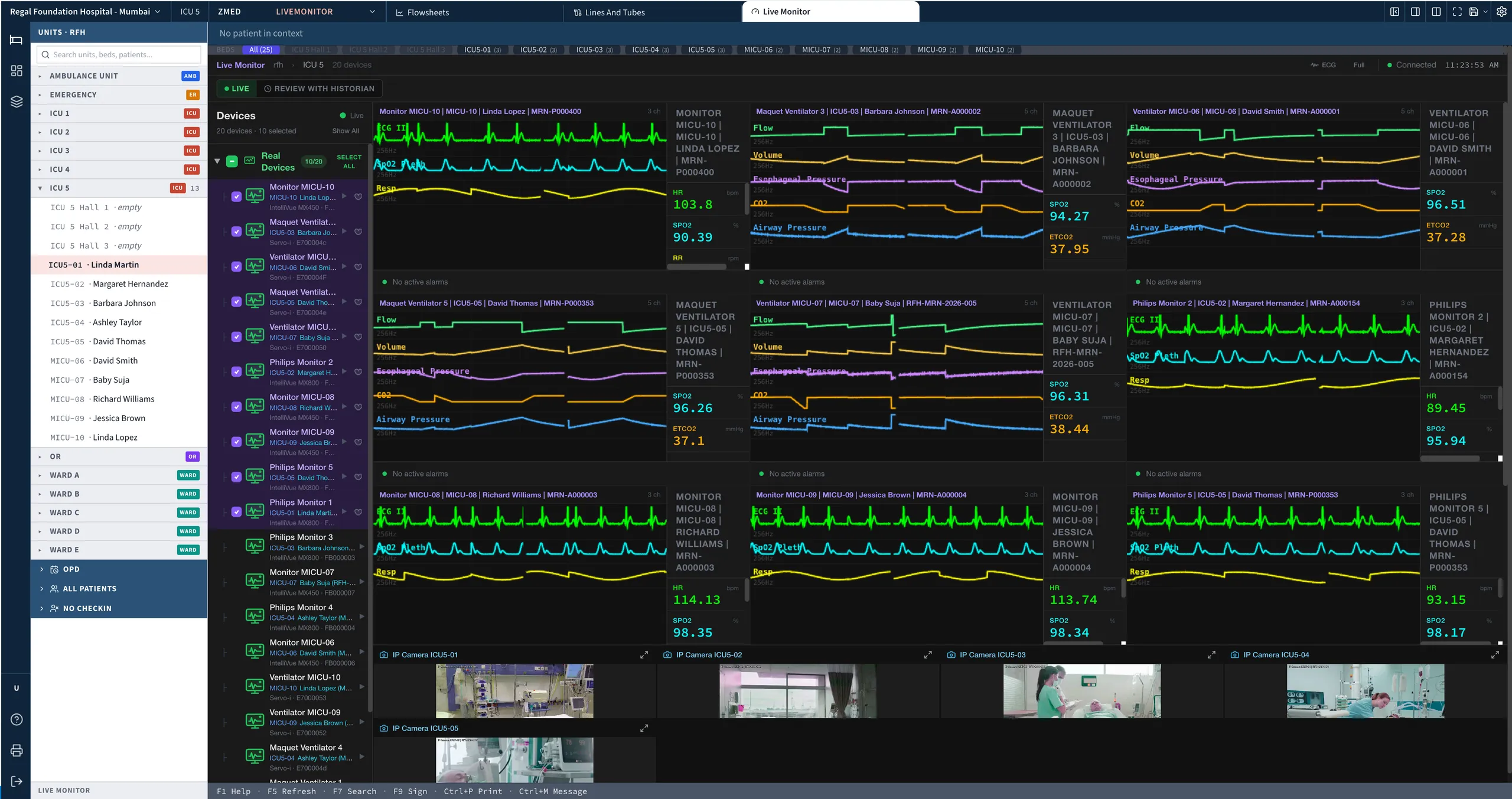 zMed Live Monitor — a full ICU bay of patient tiles with live ECG, ventilator and SpO2 waveforms
