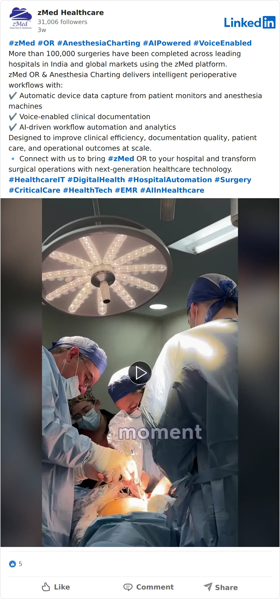 LinkedIn post: zMed operating room and anaesthesia charting