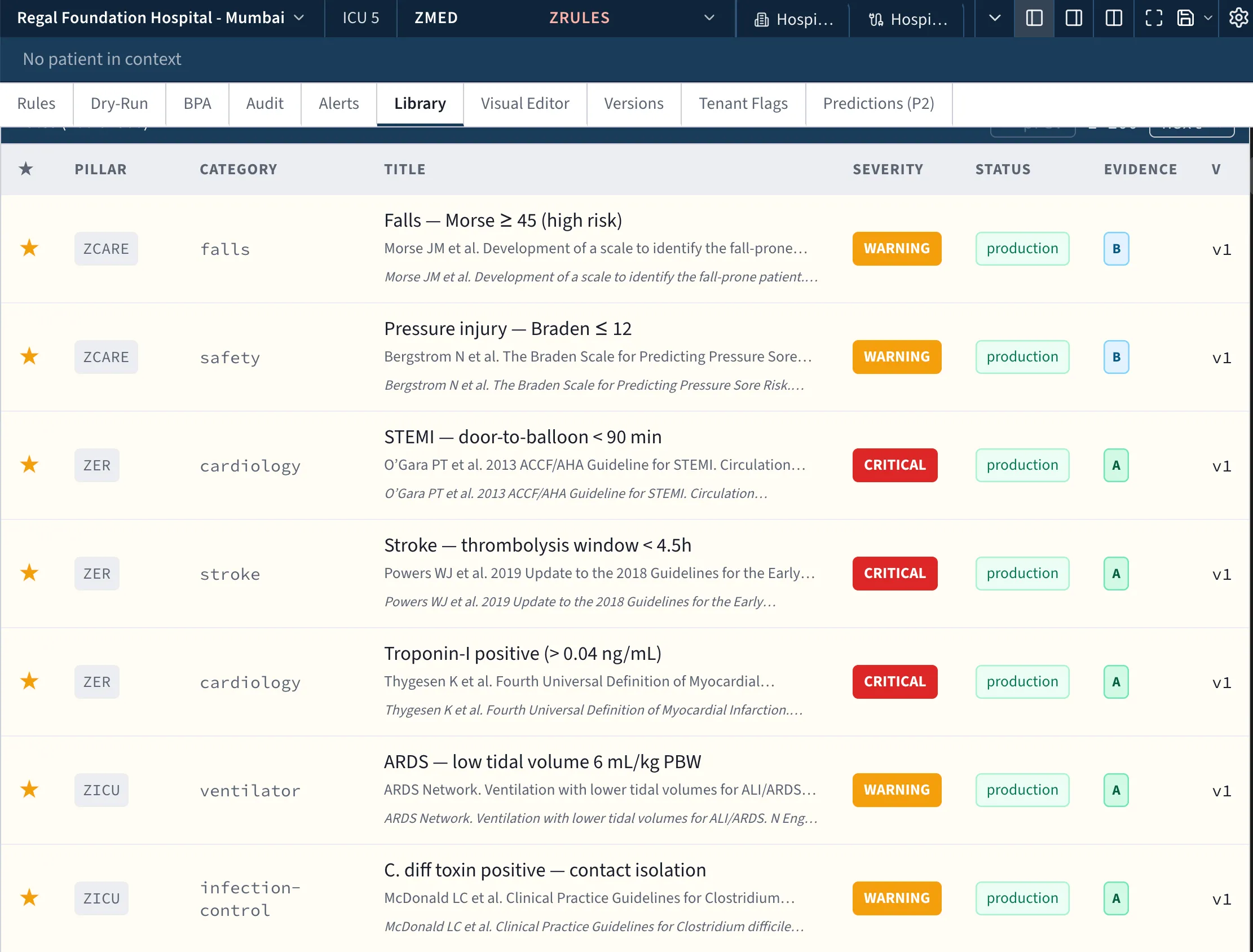 zMed rules library — hospital-owned, revision-tracked, per-tenant toggles