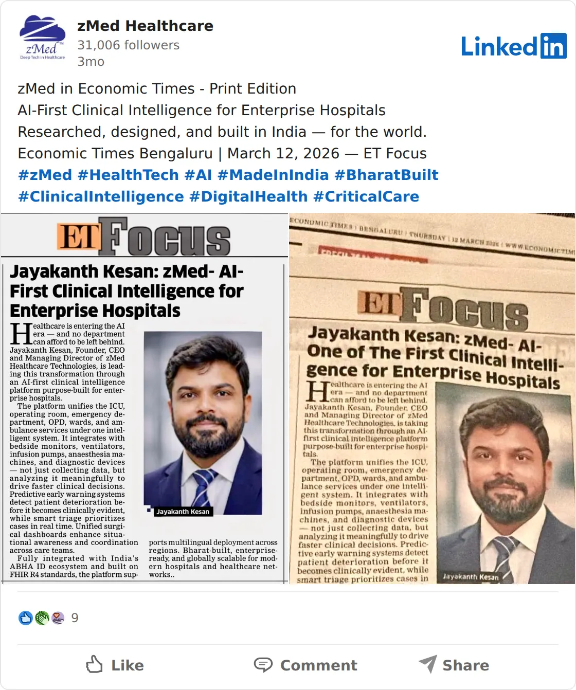 LinkedIn post: zMed featured in The Economic Times print edition